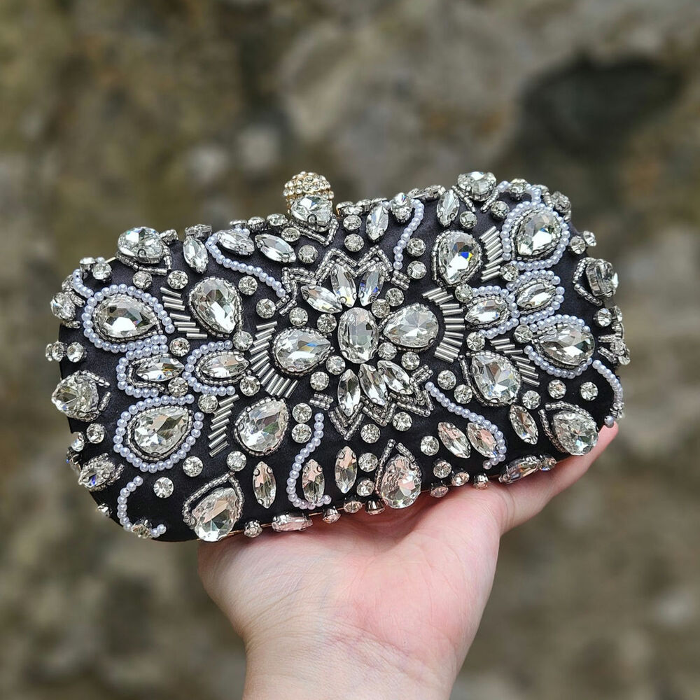 Boutique Black Crystal Rhinestone Evening Clutch Crossbody Wedding Prom Bag